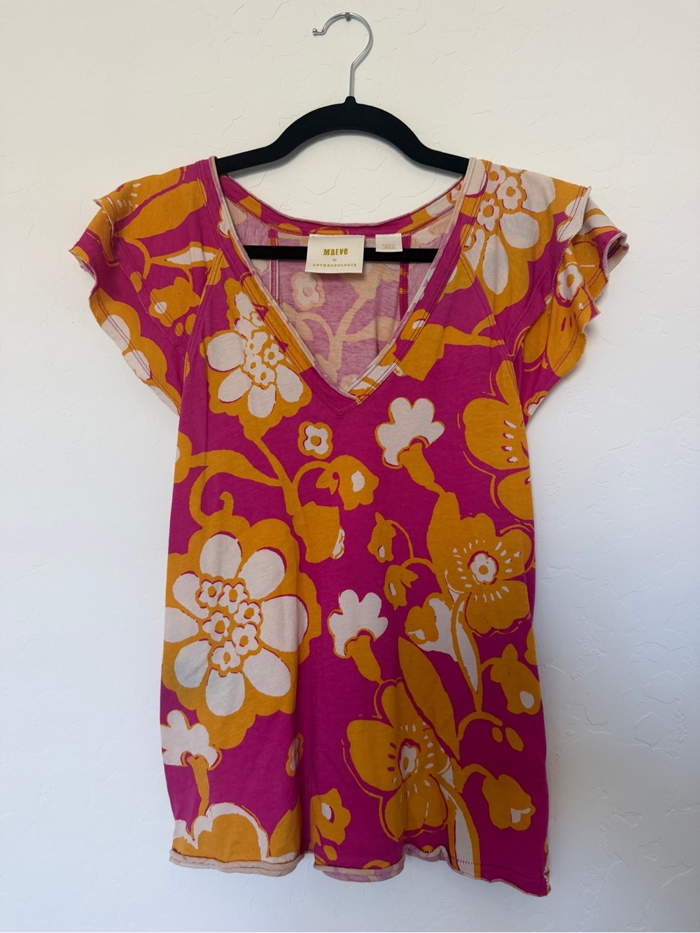 Maeve Pink & Mustard Floral V-Neck Women's Top with Butterfly Sleeves | Small